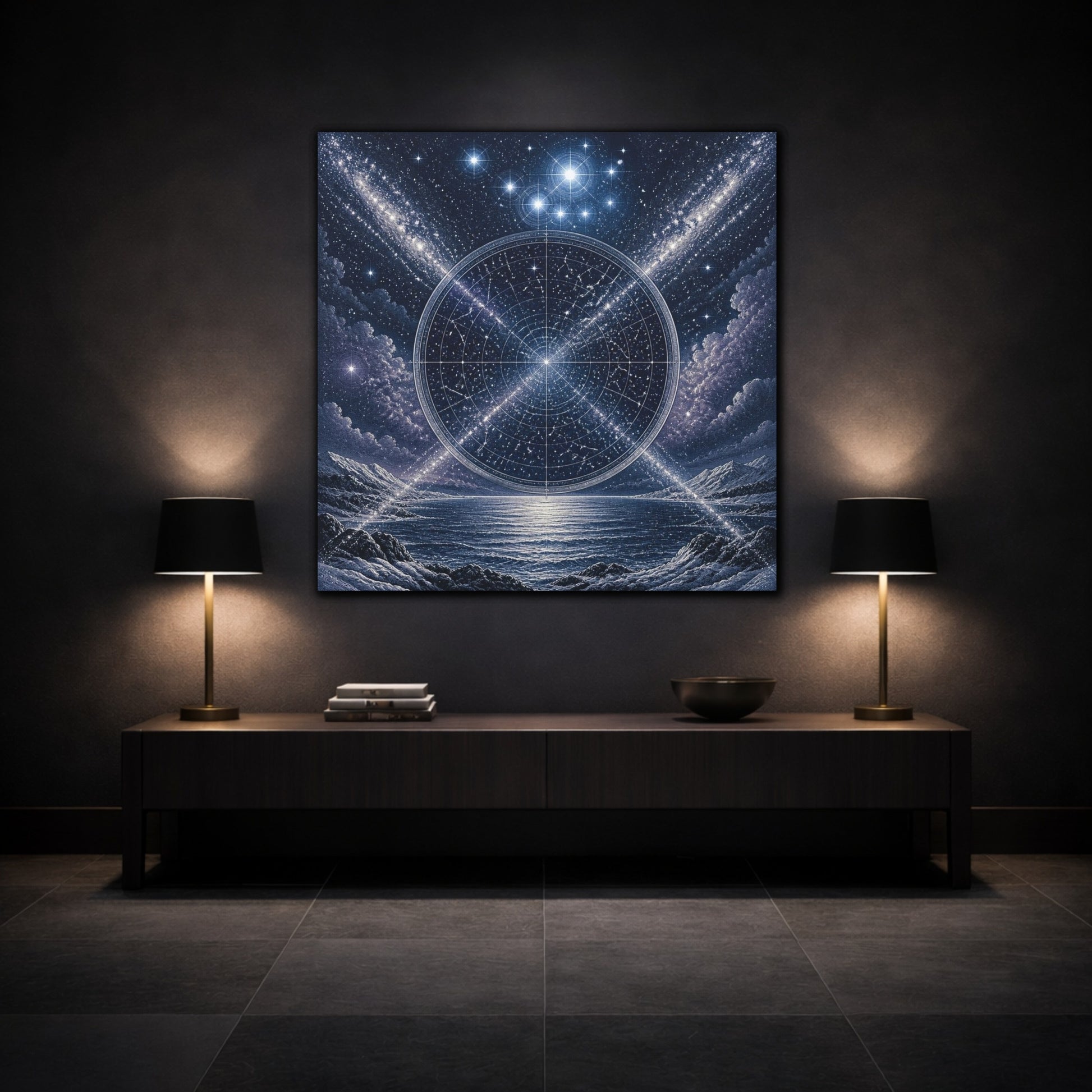 Mockup 3. Pleiades Star Map Over Sea shown as canvas print