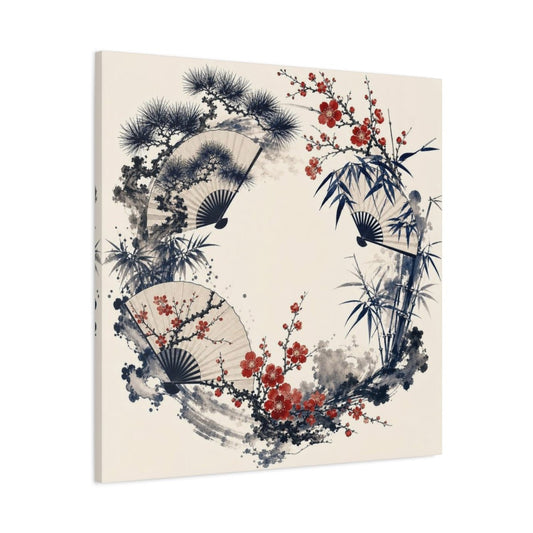 Plum Blossom Fan Wreath Canvas Print – Living Room, Above Couch - YesArtYes