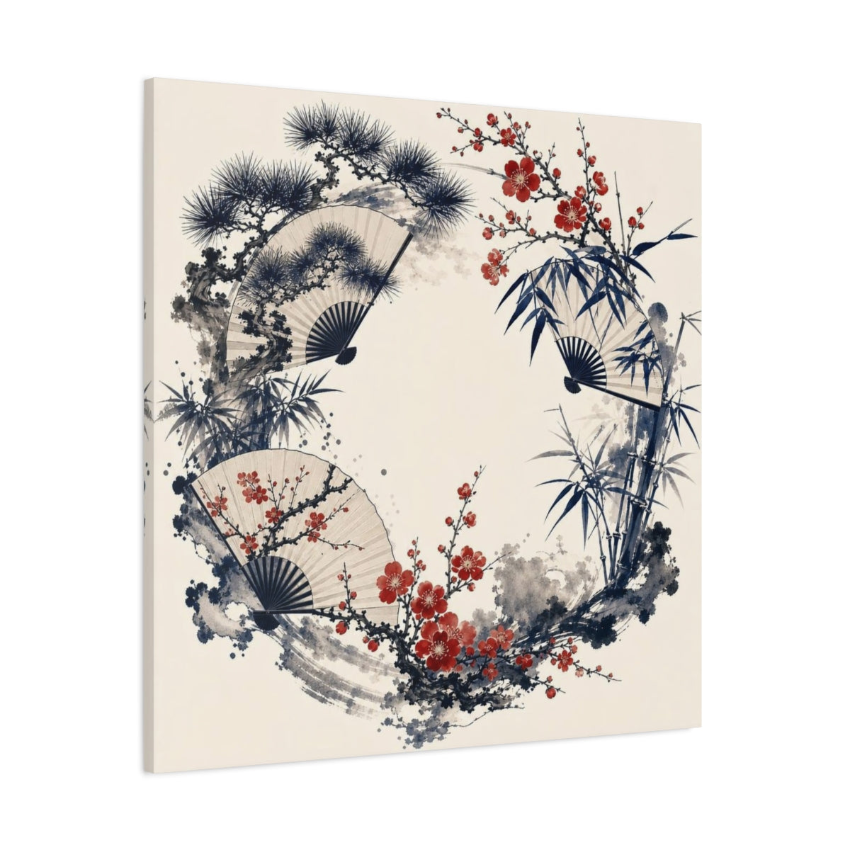 Side Mockup 1. Plum Blossom Fan Wreath shown as canvas print