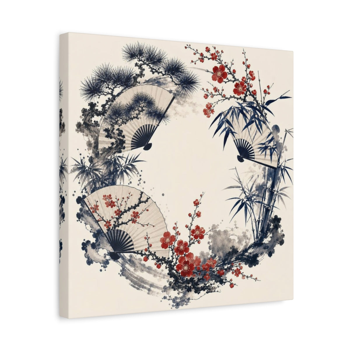 Side Mockup 6. Plum Blossom Fan Wreath shown as canvas print