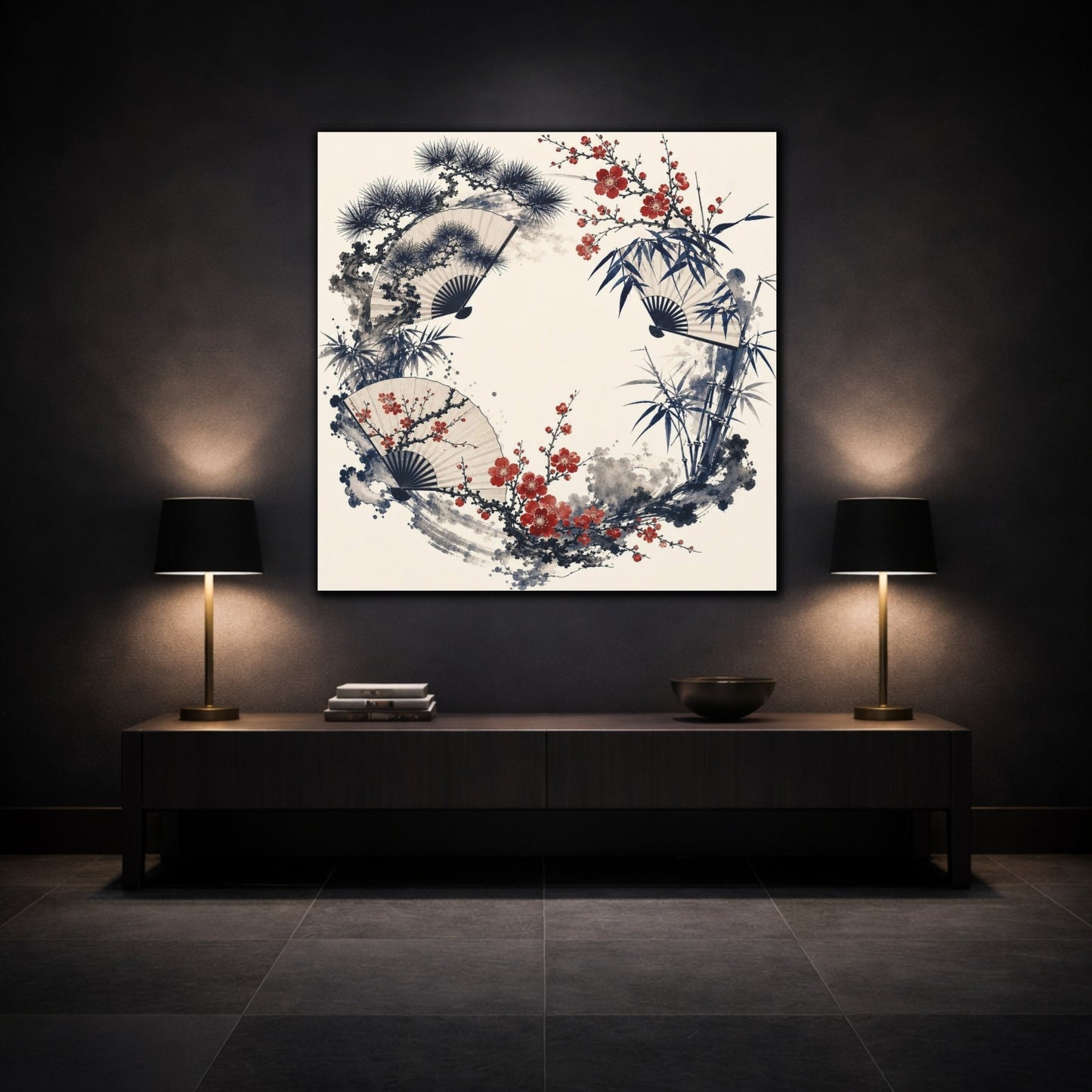 Mockup 3. Plum Blossom Fan Wreath shown as canvas print