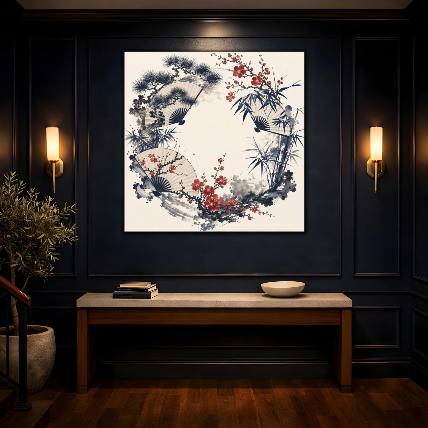 Mockup 4. Plum Blossom Fan Wreath shown as canvas print