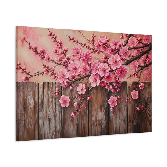 Main Mockup. Plum Blossoms Over Fence shown as canvas print