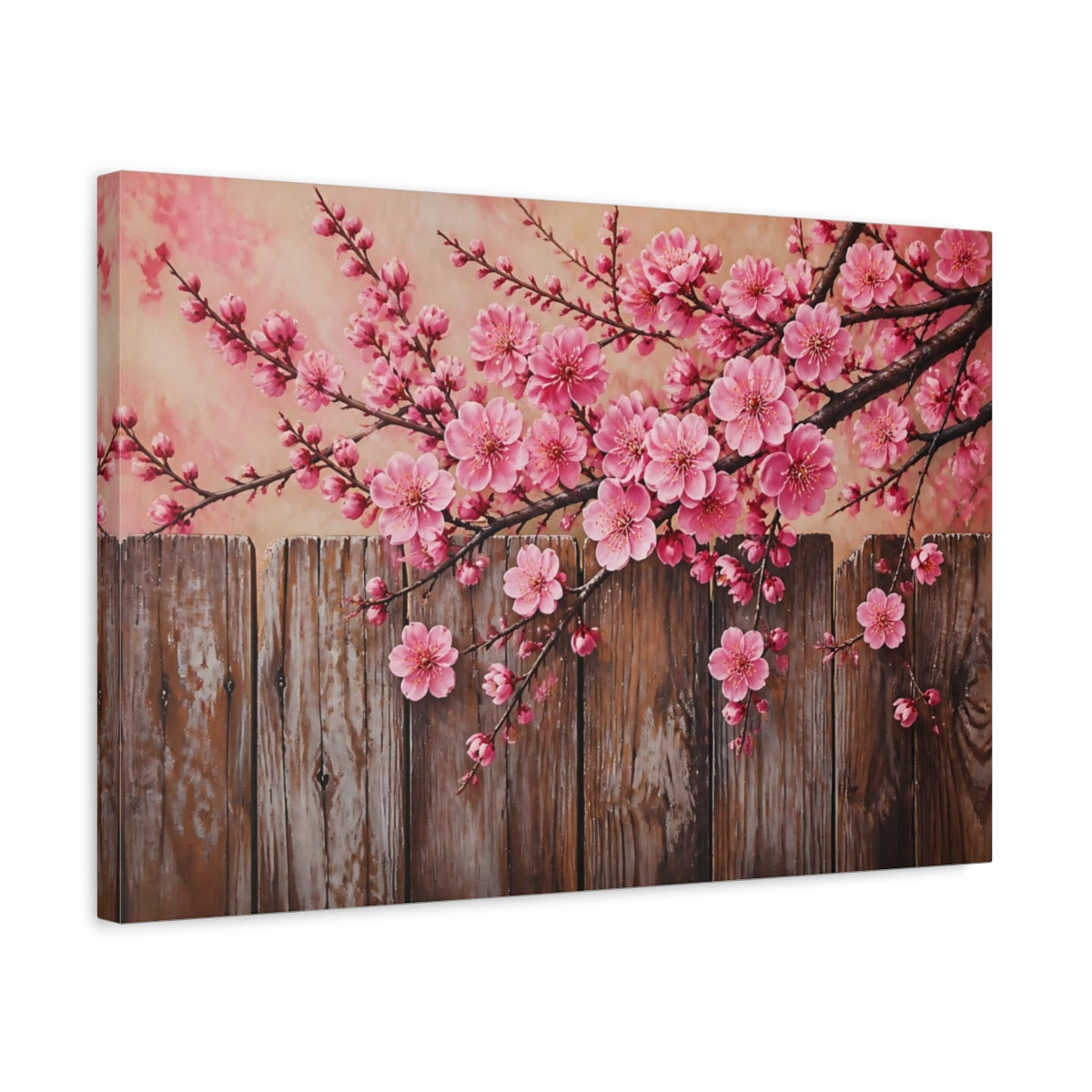 Side Mockup 3. Plum Blossoms Over Fence shown as canvas print