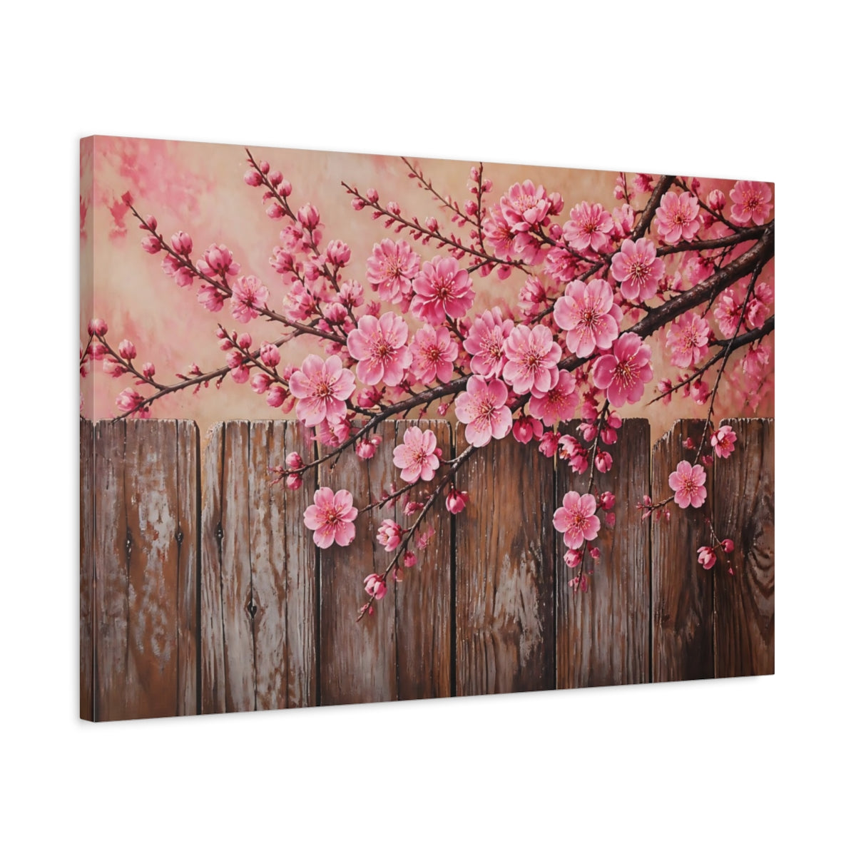 Side Mockup 2. Plum Blossoms Over Fence shown as canvas print