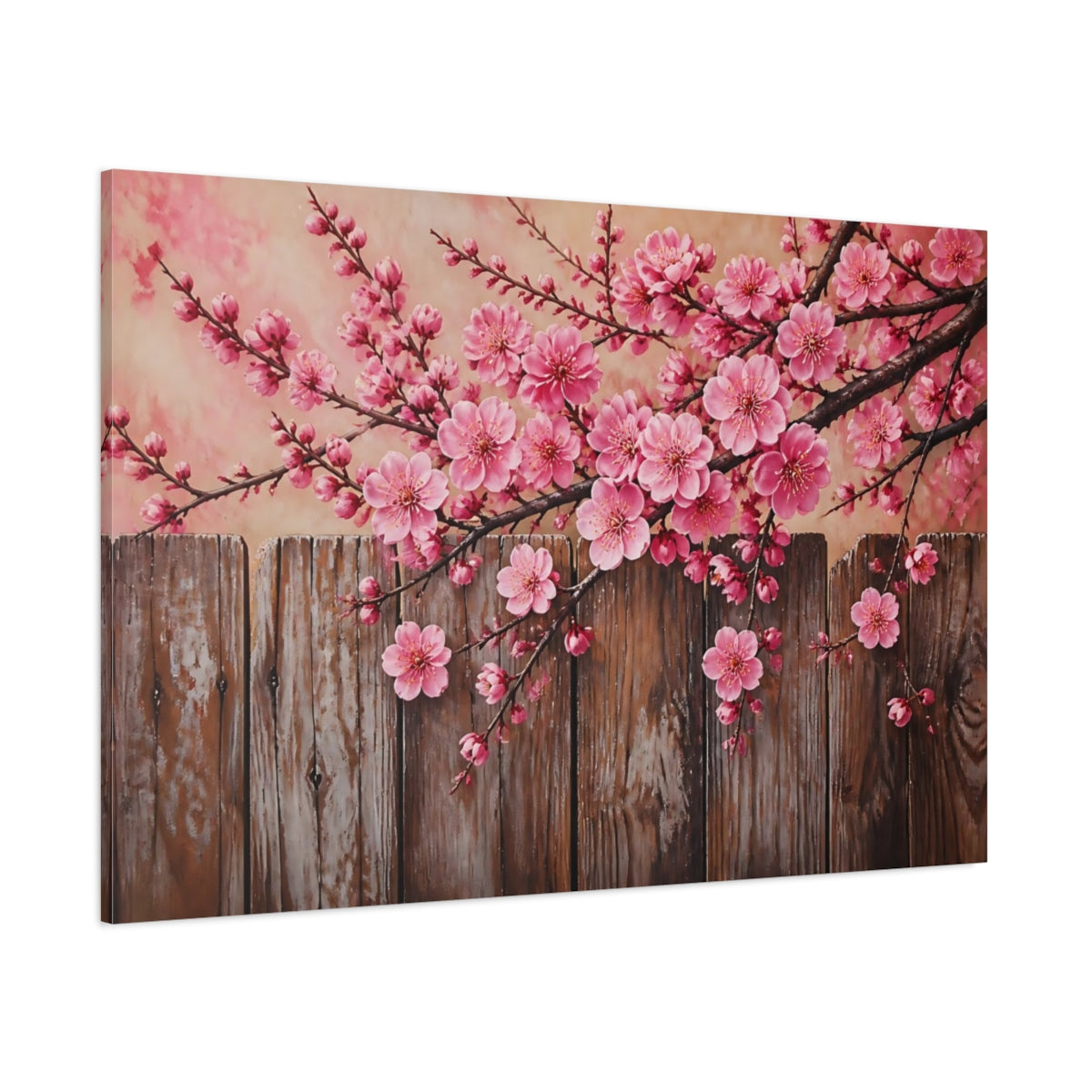 Side Mockup 1. Plum Blossoms Over Fence shown as canvas print