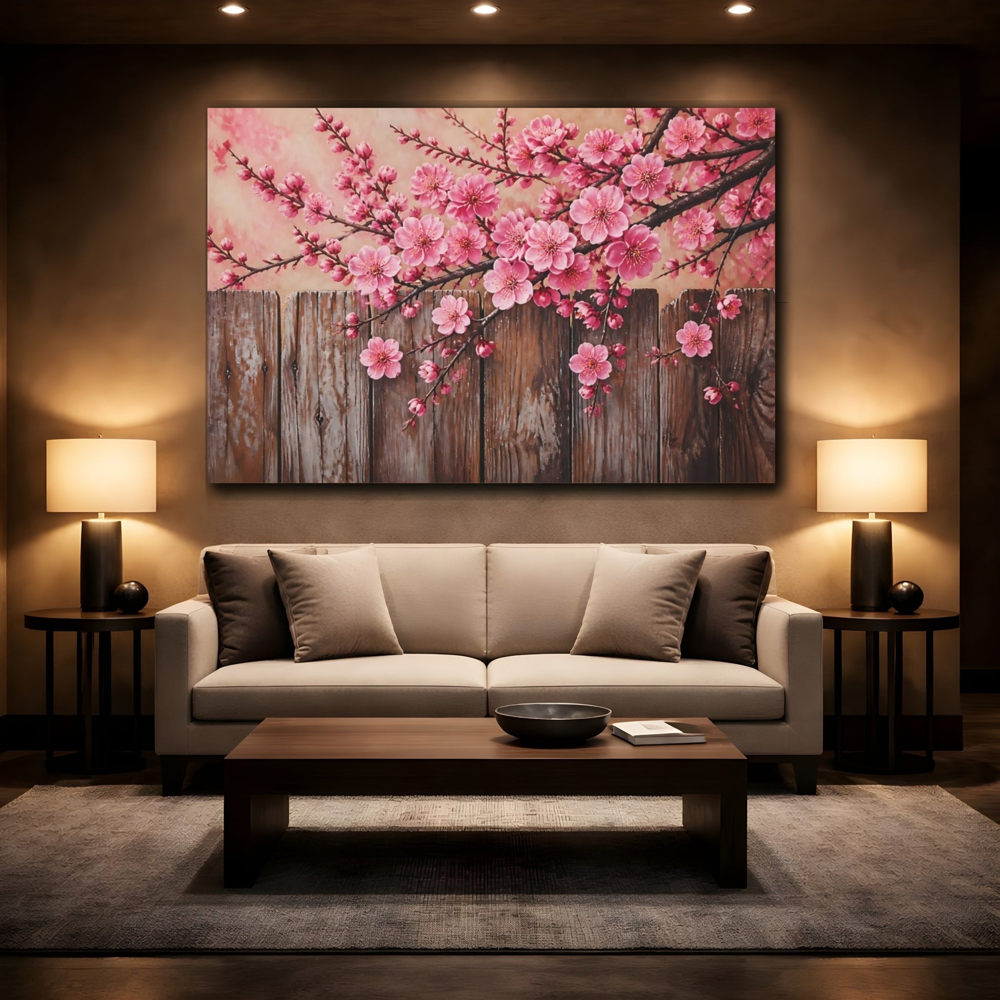 Mockup 2. Plum Blossoms Over Fence shown as canvas print
