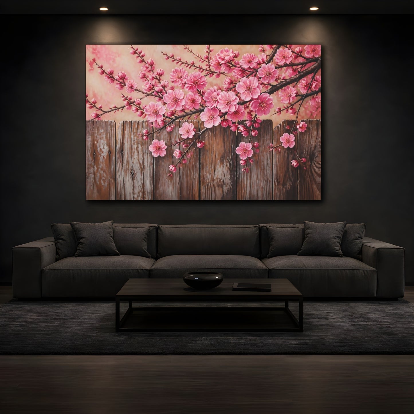 Mockup 3. Plum Blossoms Over Fence shown as canvas print
