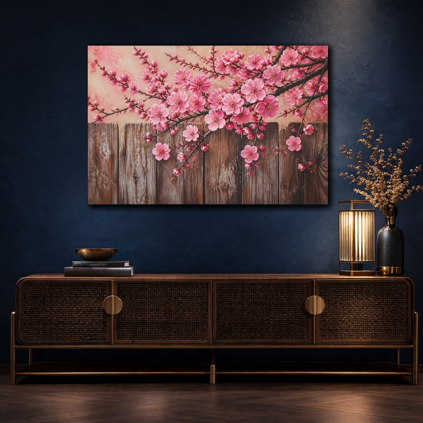 Mockup 4. Plum Blossoms Over Fence shown as canvas print