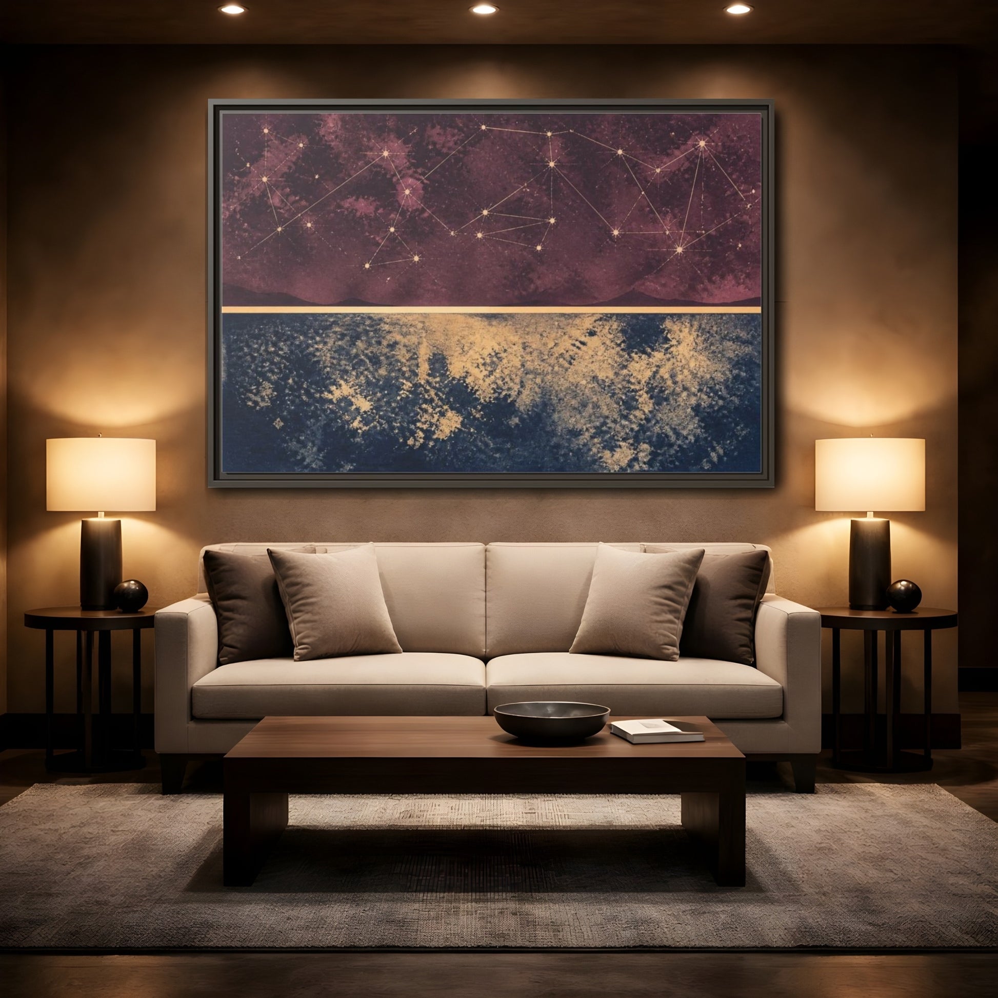 Mockup 2. Plum Constellation Map shown as framed canvas print