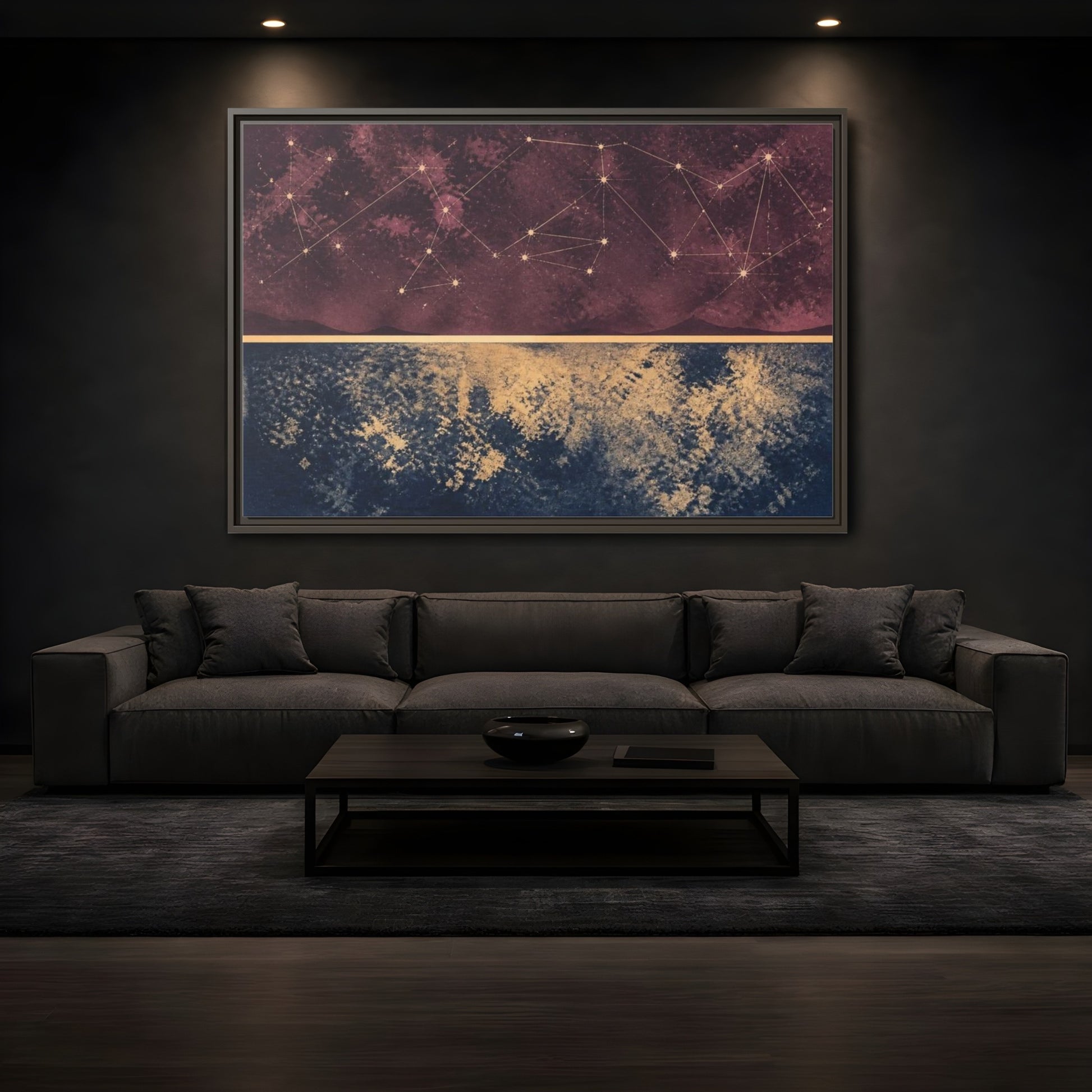 Mockup 3. Plum Constellation Map shown as framed canvas print