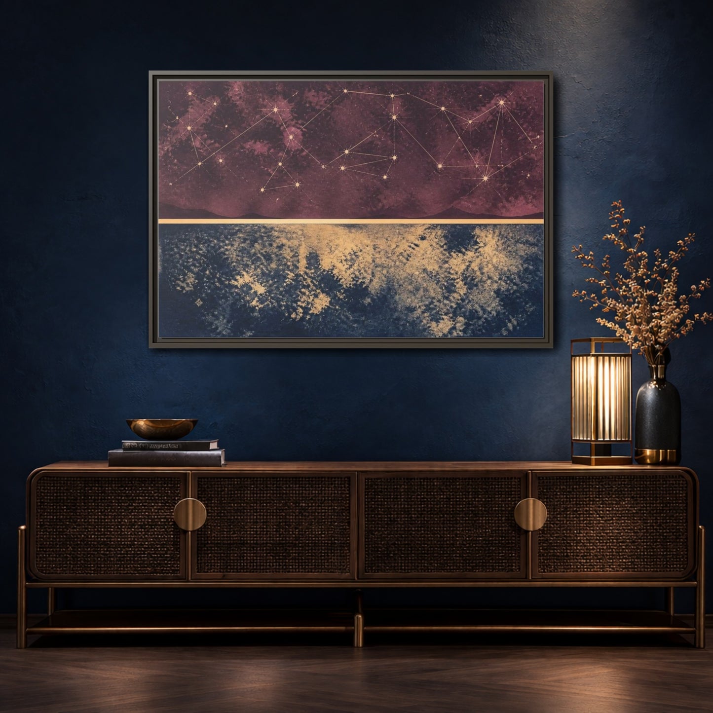Mockup 4. Plum Constellation Map shown as framed canvas print