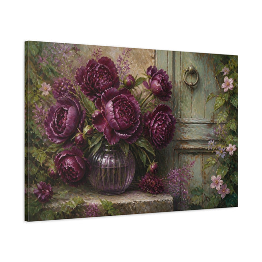 Main Mockup. Plum Peonies And Garden Door shown as canvas print