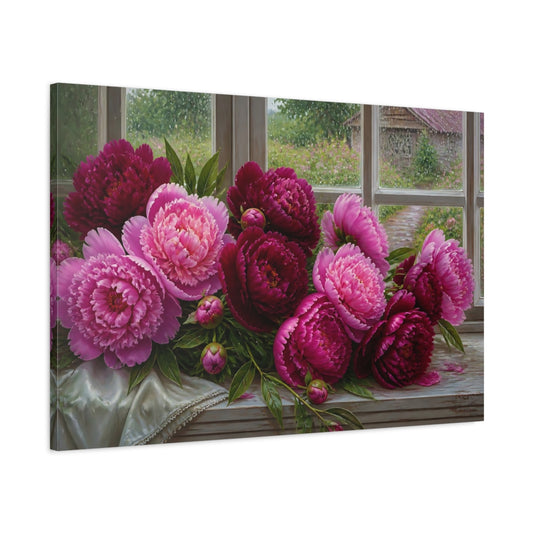 Main Mockup. Plum Peonies On Window Ledge shown as canvas print