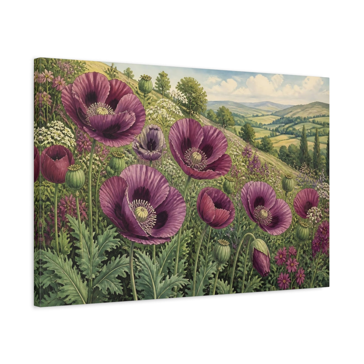 Side Mockup 2. Plum Poppy Flowers shown as canvas print