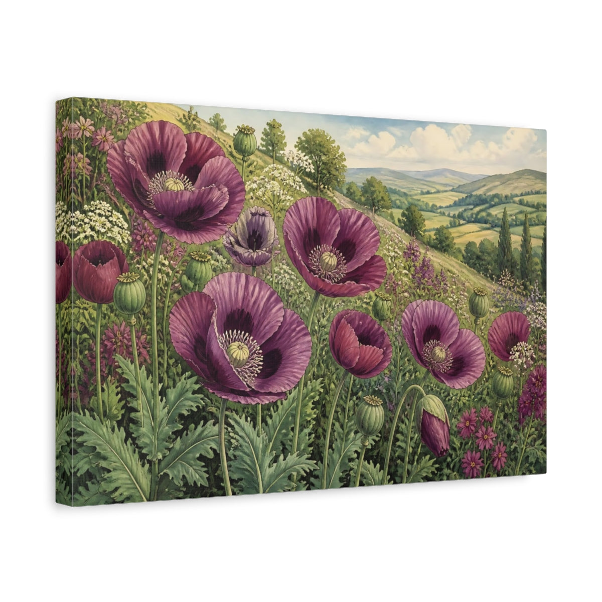 Side Mockup 4. Plum Poppy Flowers shown as canvas print