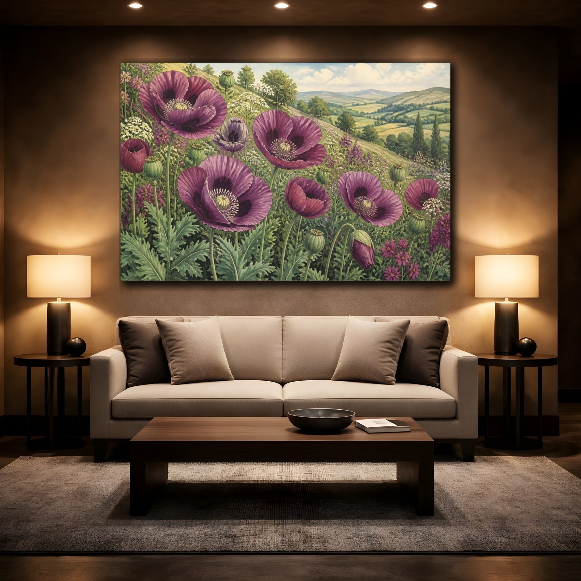 Mockup 2. Plum Poppy Flowers shown as canvas print