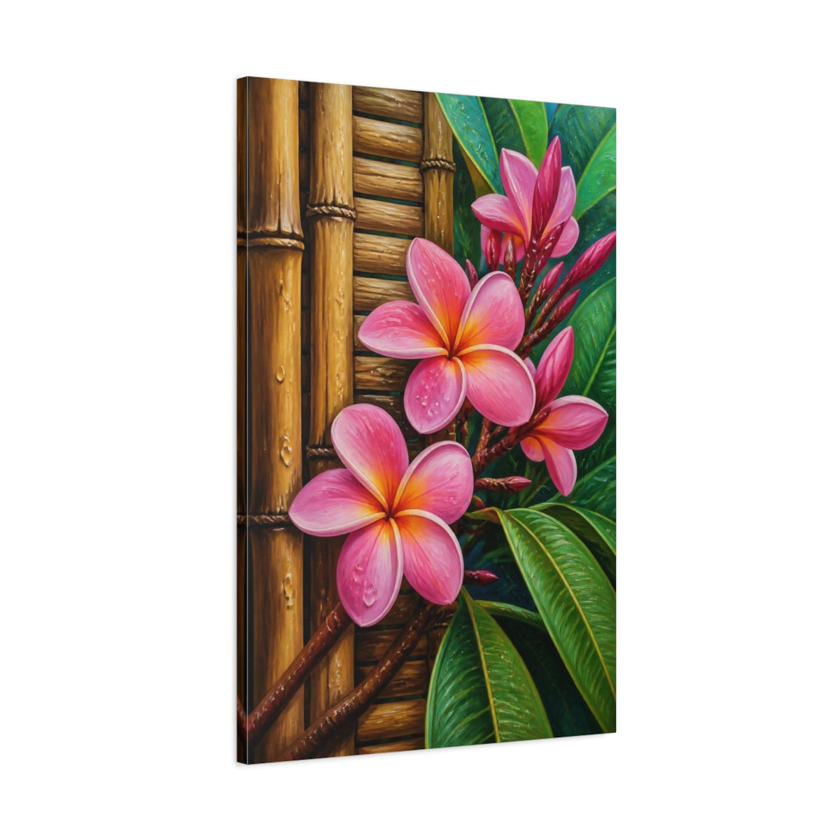 Main Mockup. Plumeria Flowers On Bamboo shown as canvas print