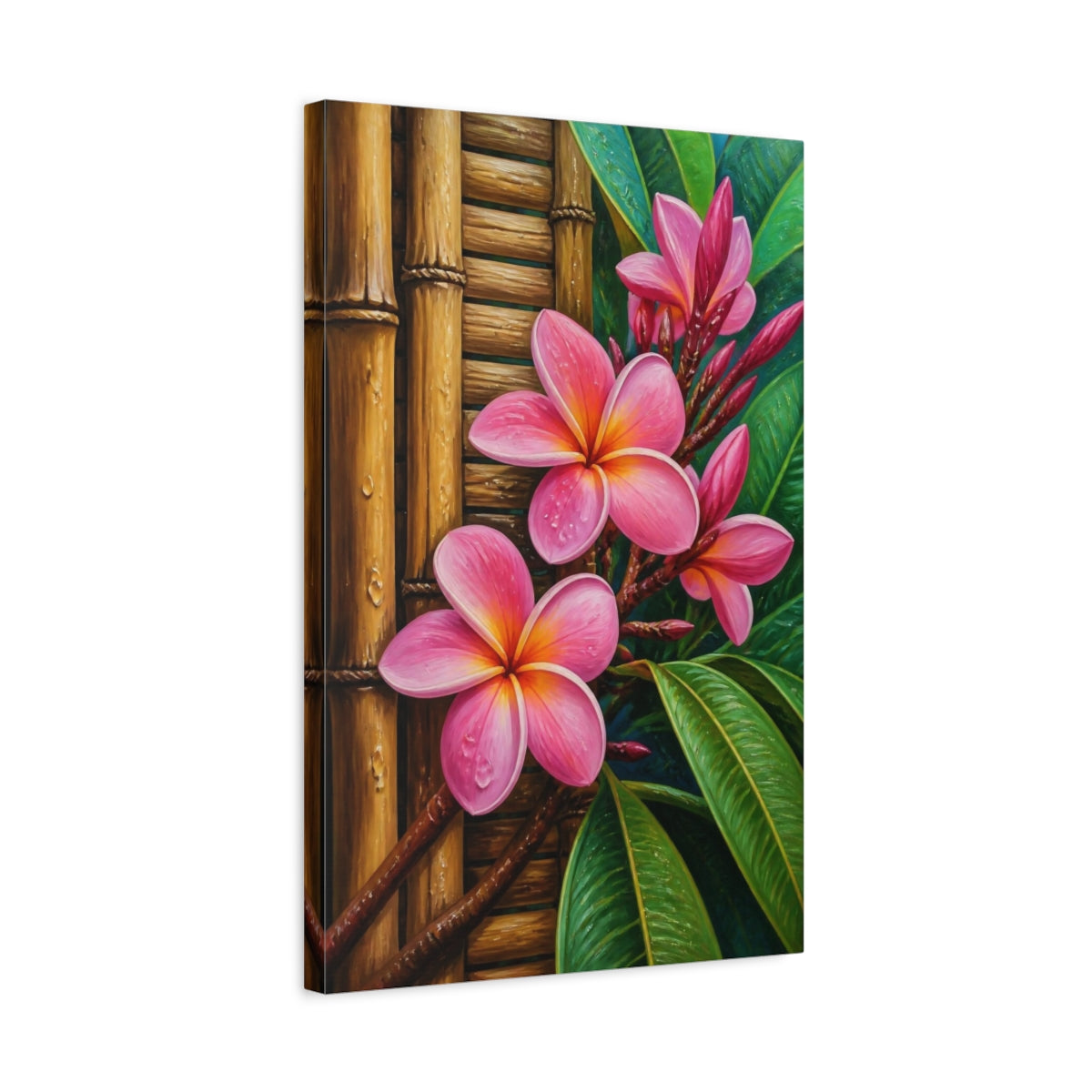 Side Mockup 3. Plumeria Flowers On Bamboo shown as canvas print