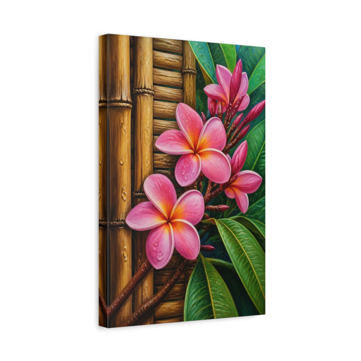 Side Mockup 4. Plumeria Flowers On Bamboo shown as canvas print
