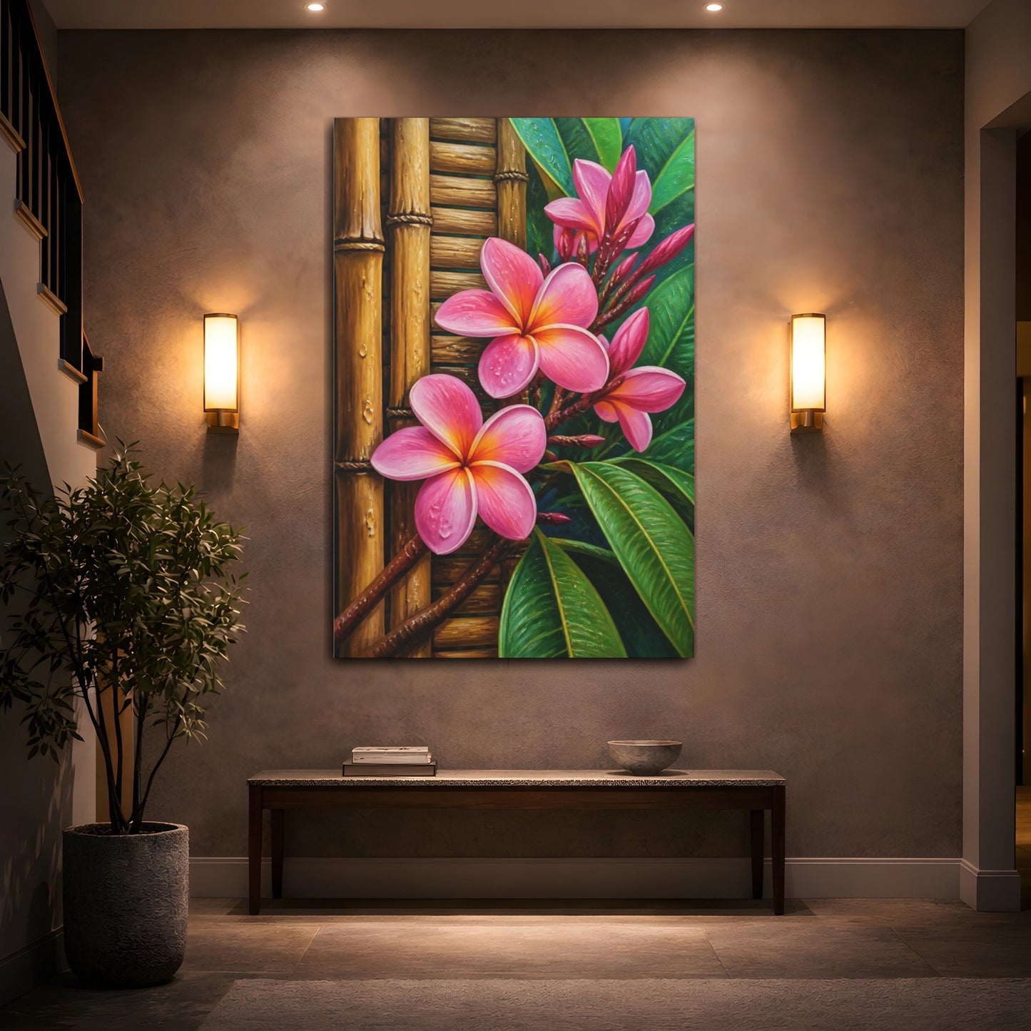 Mockup 2. Plumeria Flowers On Bamboo shown as canvas print