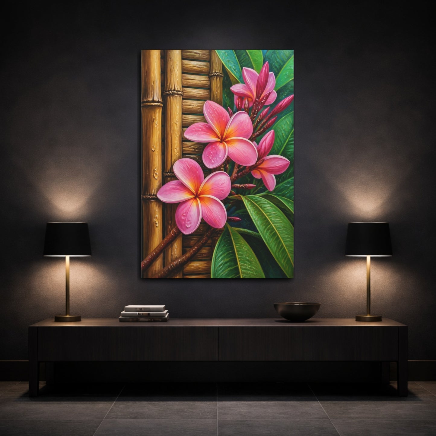 Mockup 3. Plumeria Flowers On Bamboo shown as canvas print