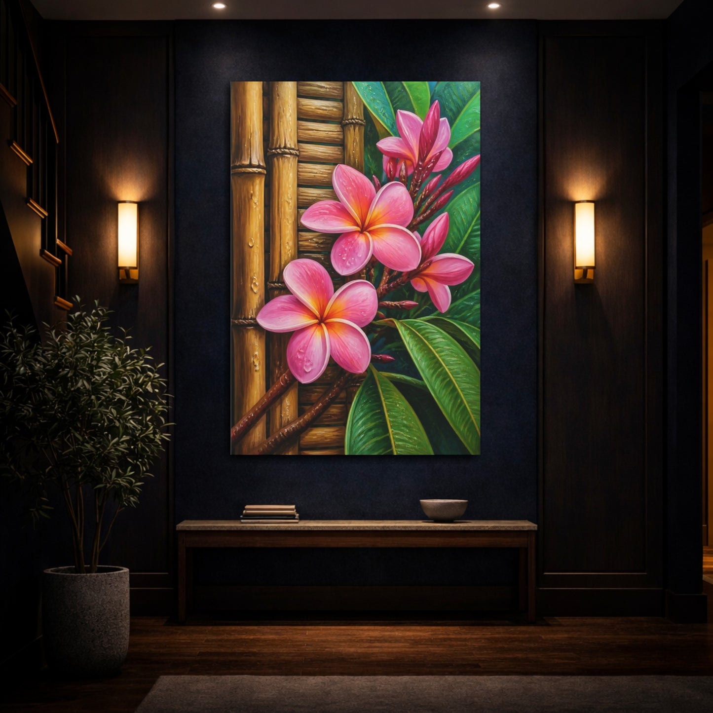 Mockup 4. Plumeria Flowers On Bamboo shown as canvas print
