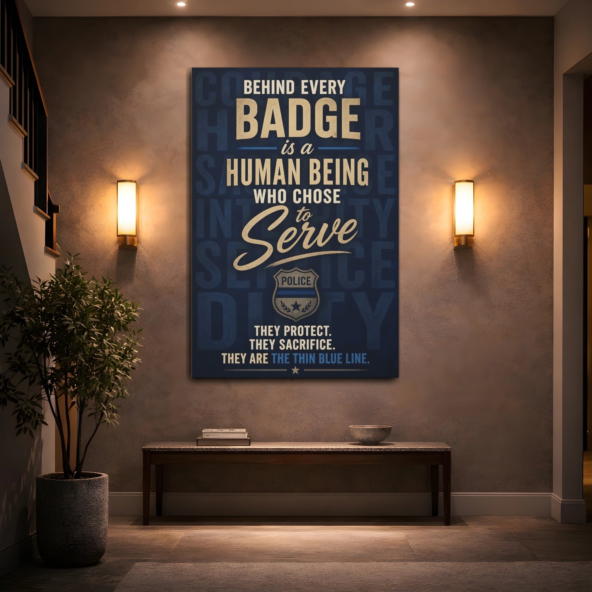 Mockup 2. Police Badge Quote Art shown as canvas print