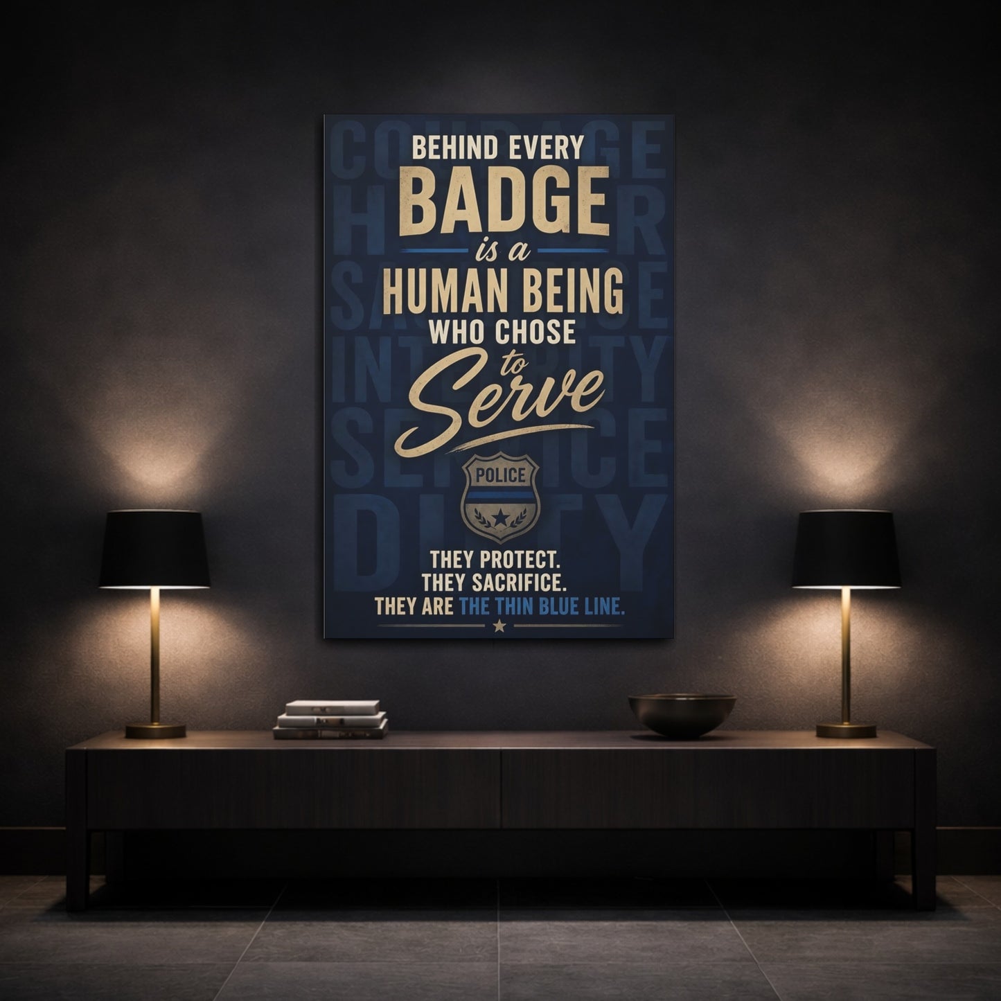 Mockup 3. Police Badge Quote Art shown as canvas print