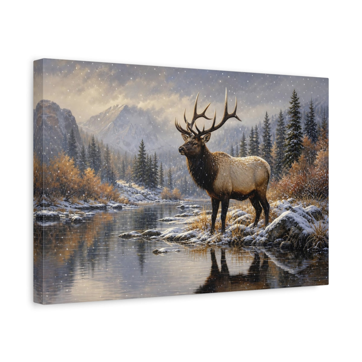 Side Mockup 4. Polished Gallery Realism Elk Bull In First Snow shown as stretched canvas wall art