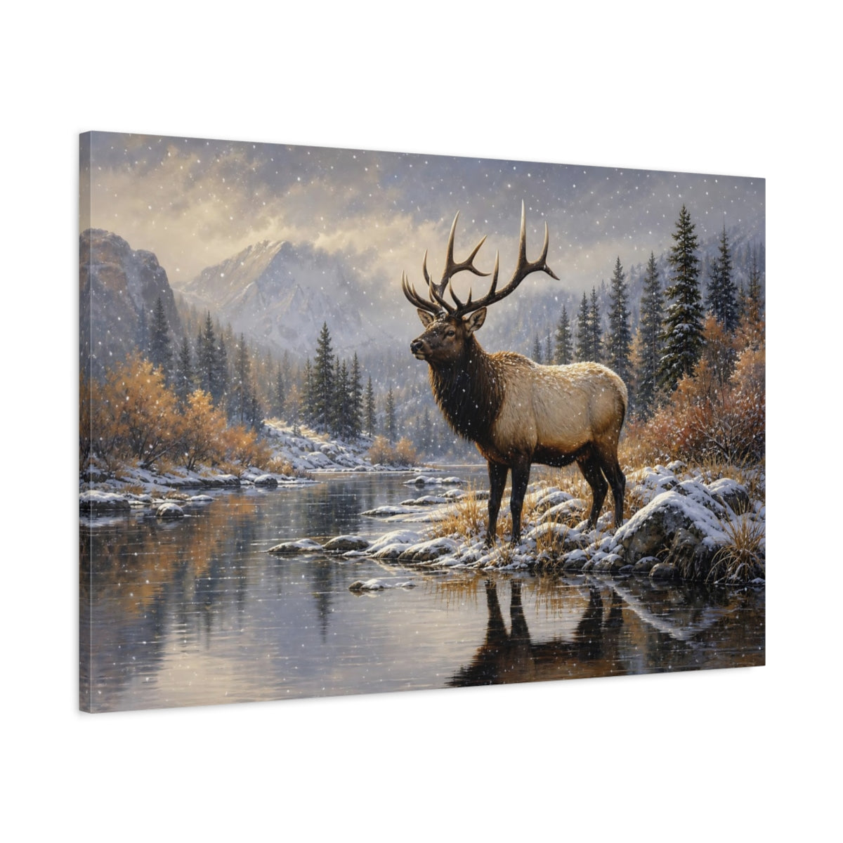 Main Mockup. Polished Gallery Realism Elk Bull In First Snow shown as stretched canvas wall art