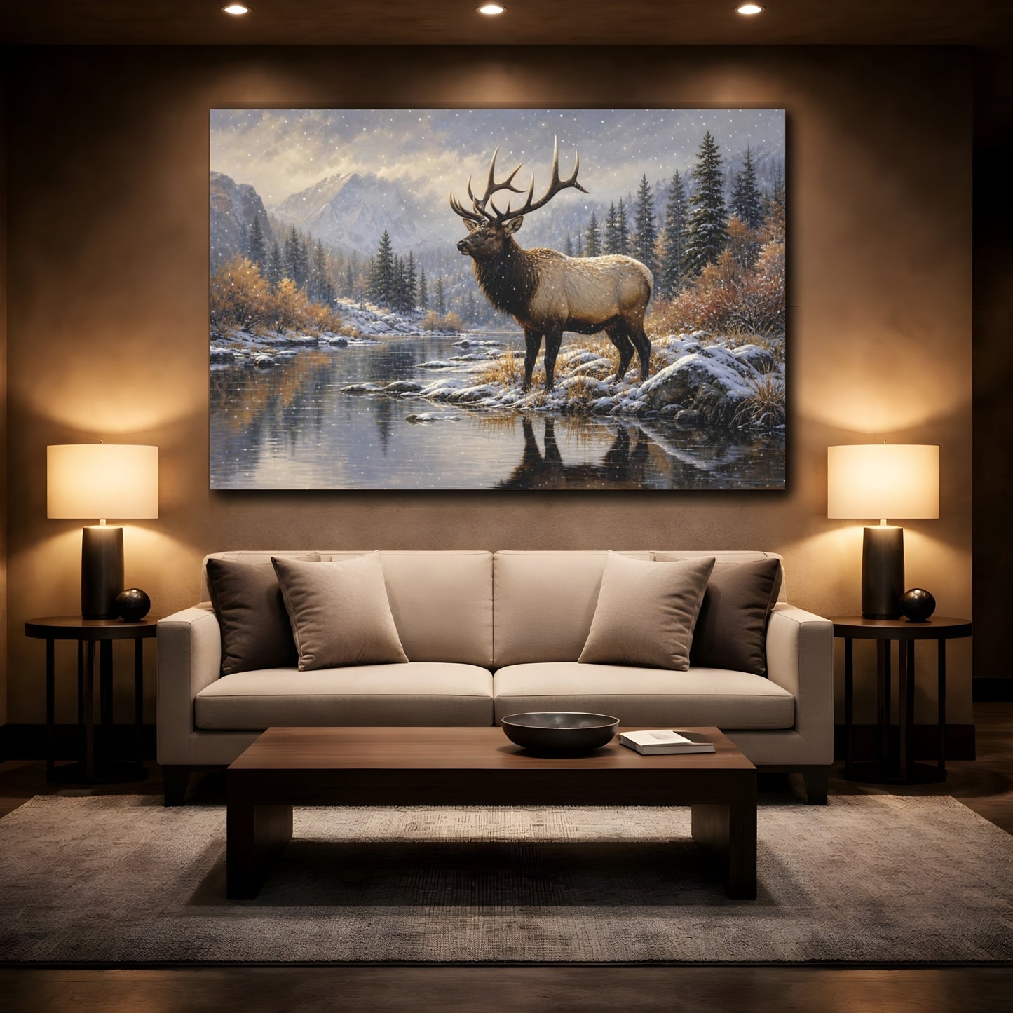 Mockup 2. Polished Gallery Realism Elk Bull In First Snow shown as stretched canvas wall art