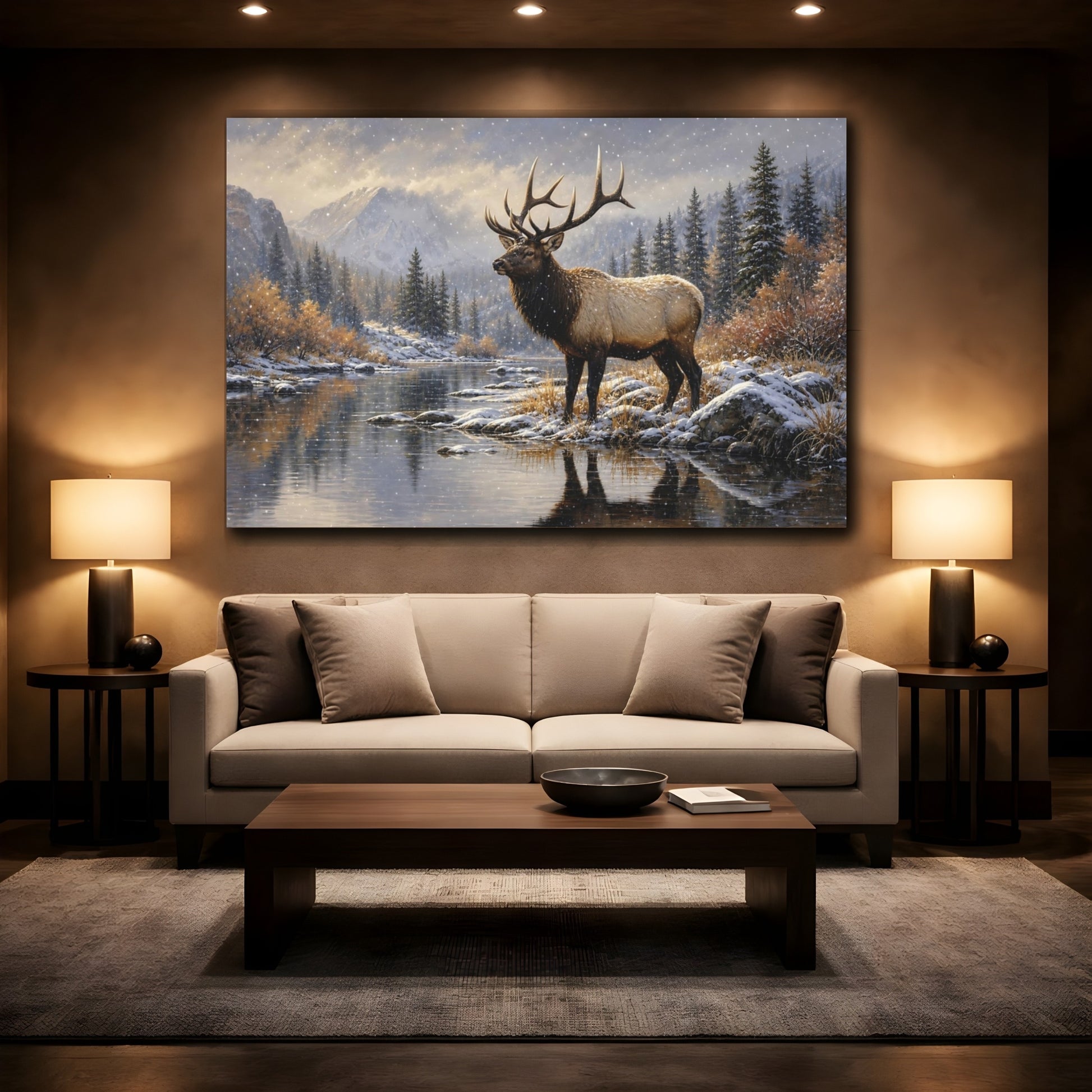 Mockup 2. Polished Gallery Realism Elk Bull In First Snow shown as stretched canvas wall art
