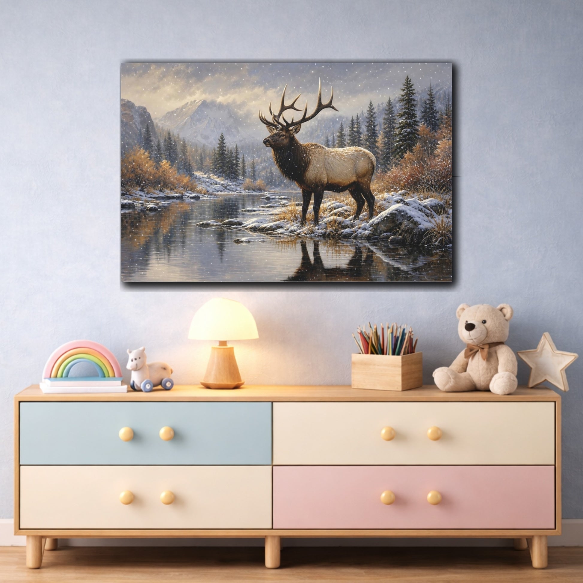 Mockup 3. Polished Gallery Realism Elk Bull In First Snow shown as stretched canvas wall art