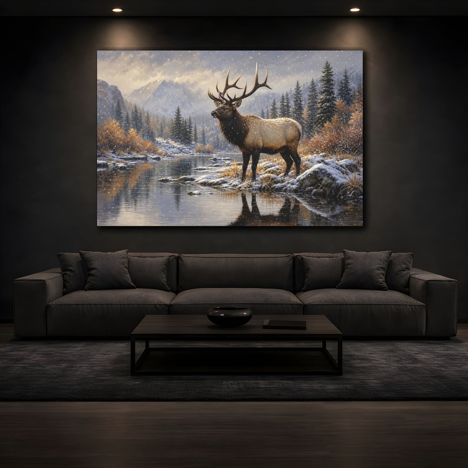 Mockup 4. Polished Gallery Realism Elk Bull In First Snow shown as stretched canvas wall art