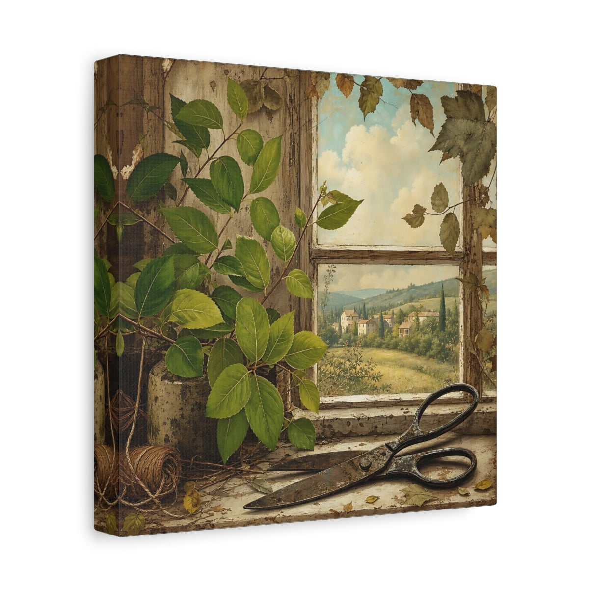 Side Mockup 9. Polished Gallery Realism Fresh Leaves Beside Old Scissors shown as stretched canvas wall art