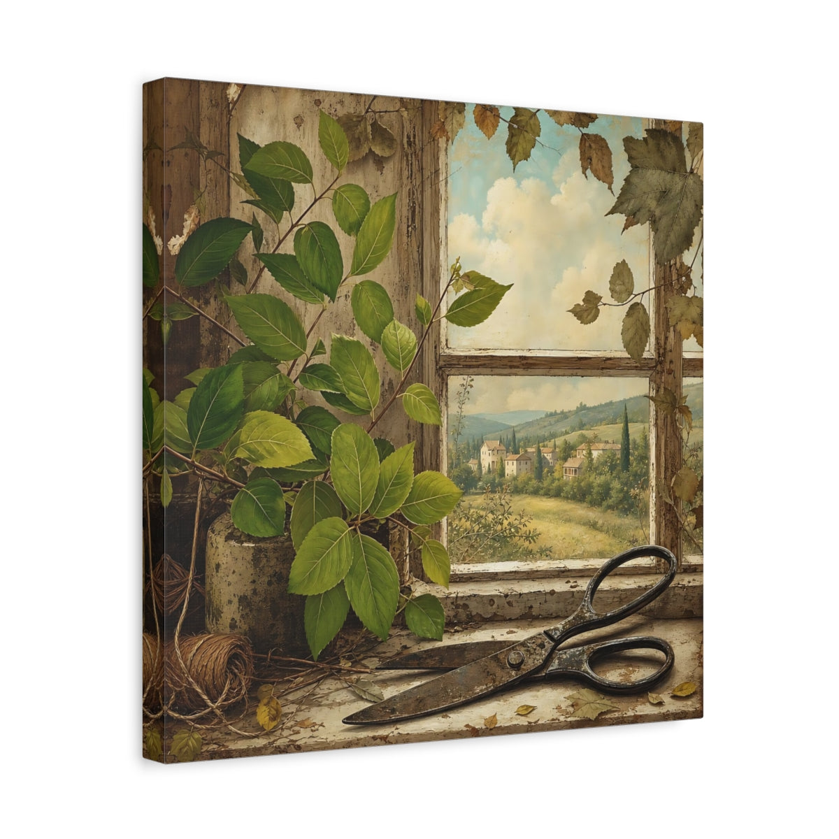 Side Mockup 6. Polished Gallery Realism Fresh Leaves Beside Old Scissors shown as stretched canvas wall art