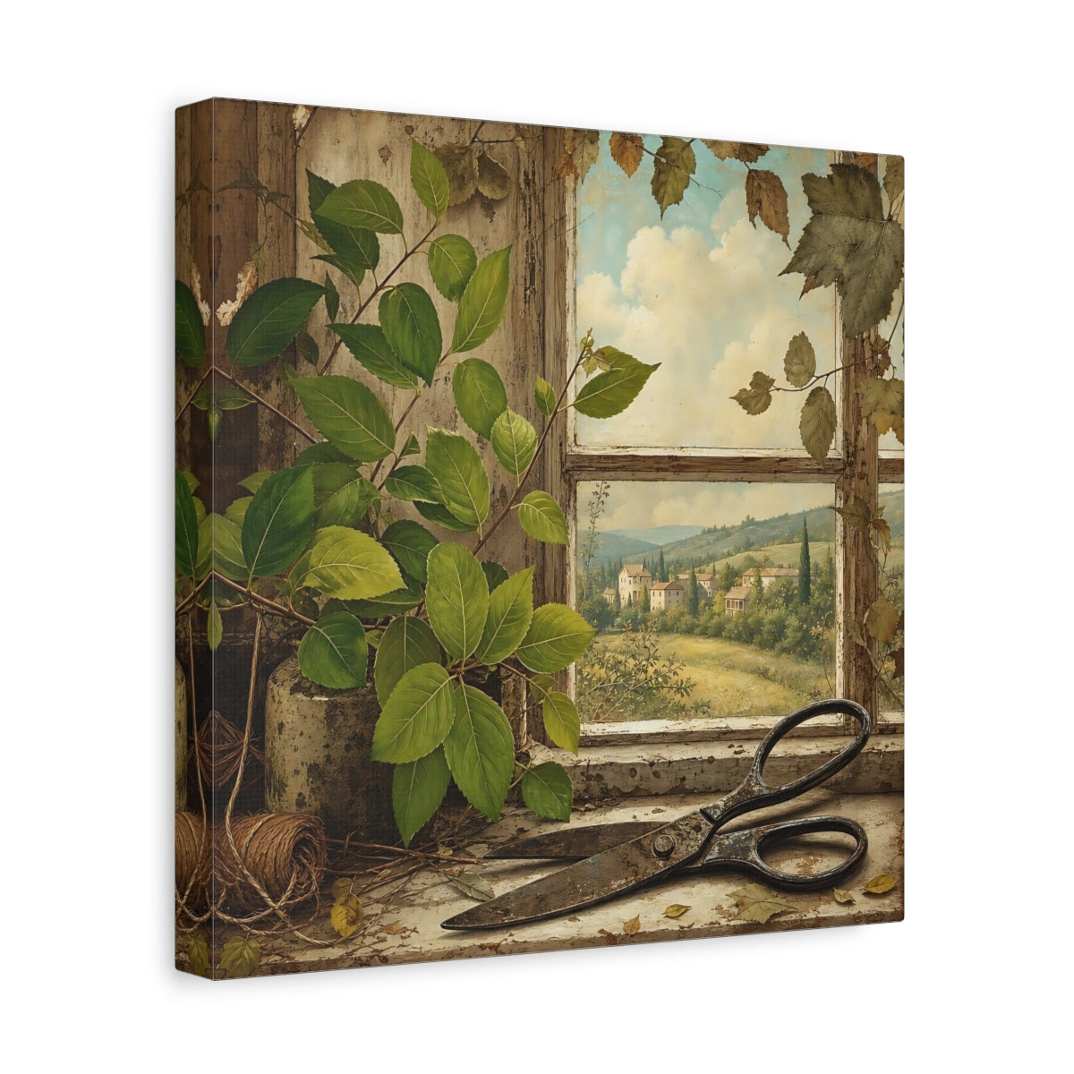 Side Mockup 8. Polished Gallery Realism Fresh Leaves Beside Old Scissors shown as stretched canvas wall art
