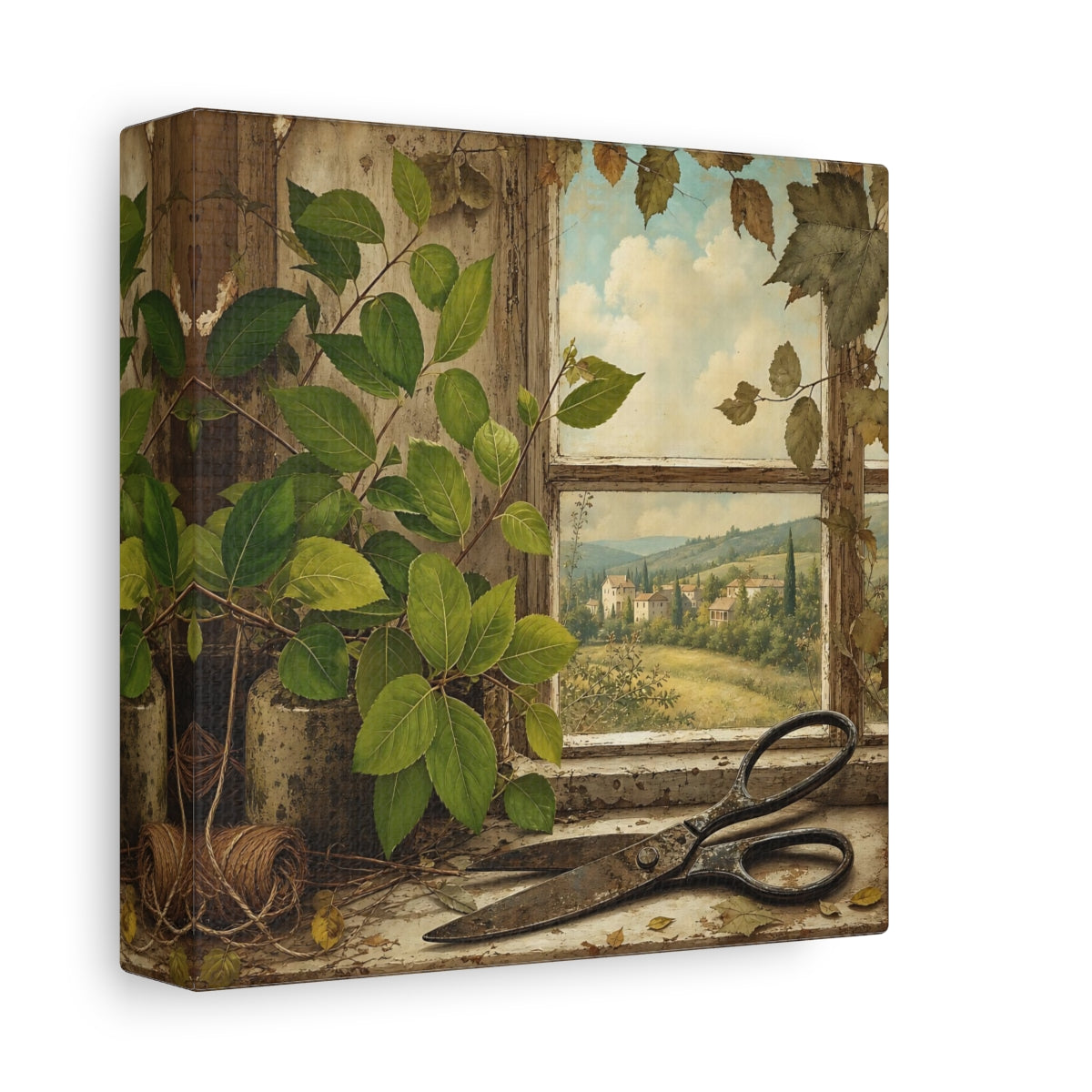 Side Mockup 2. Polished Gallery Realism Fresh Leaves Beside Old Scissors shown as stretched canvas wall art