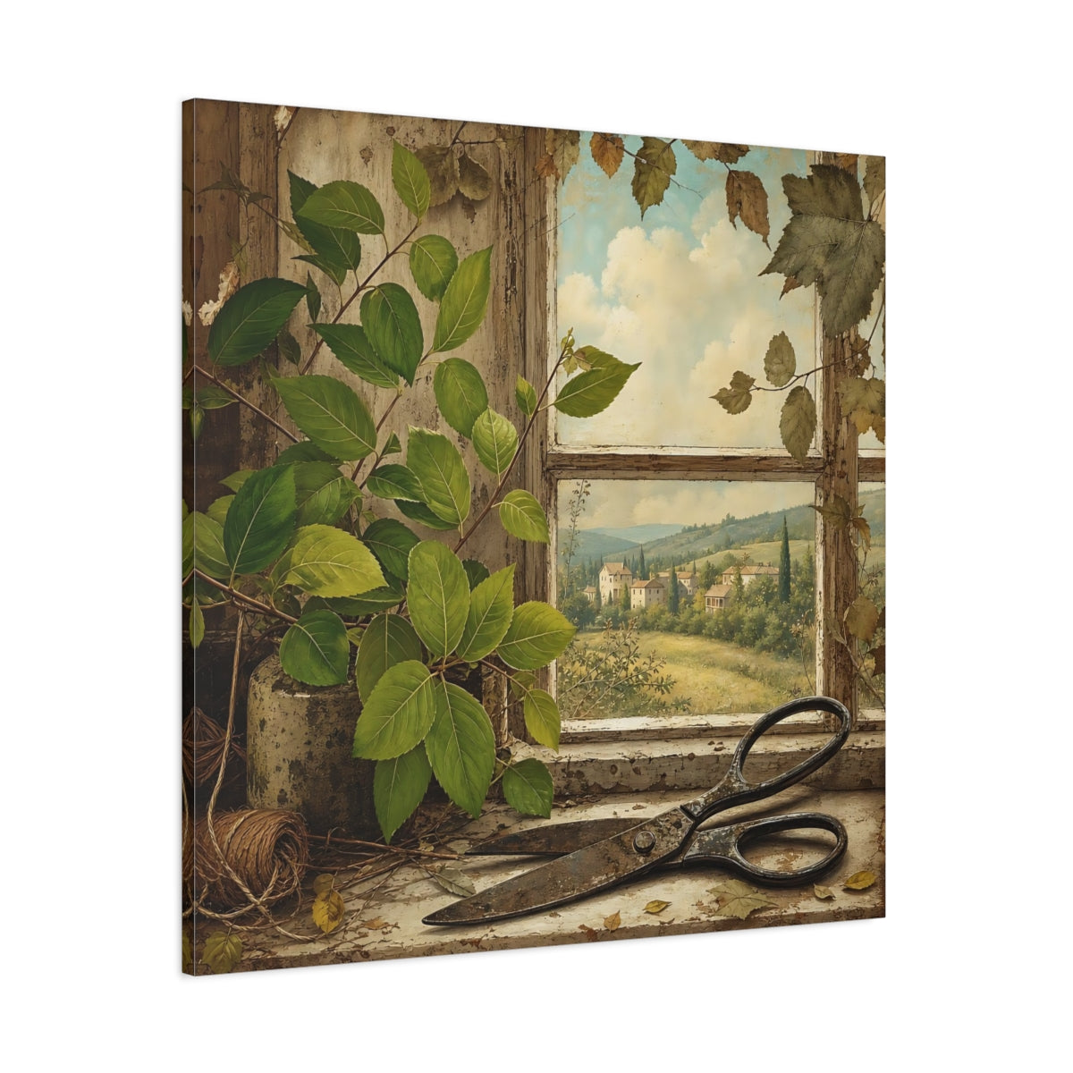 Side Mockup 1. Polished Gallery Realism Fresh Leaves Beside Old Scissors shown as stretched canvas wall art