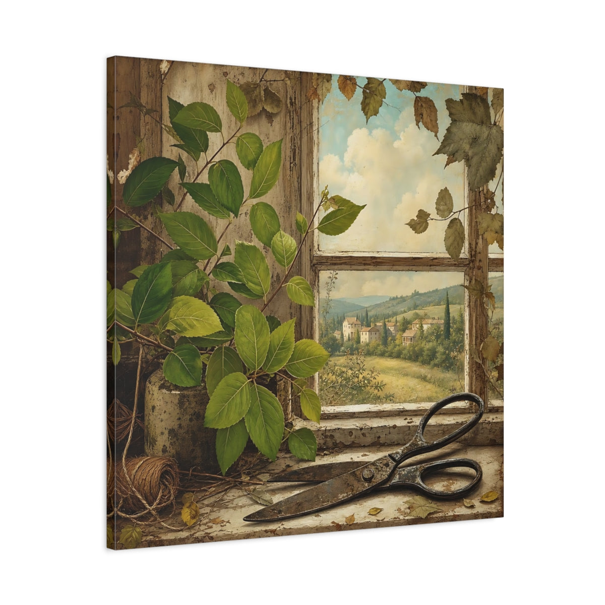 Side Mockup 3. Polished Gallery Realism Fresh Leaves Beside Old Scissors shown as stretched canvas wall art