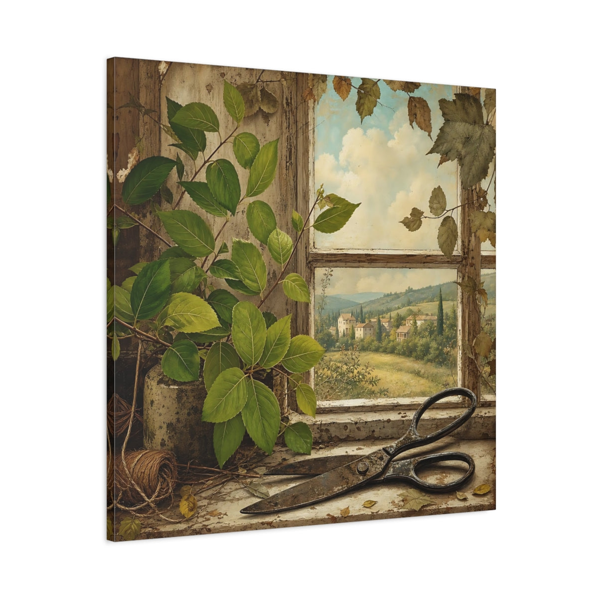 Main Mockup. Polished Gallery Realism Fresh Leaves Beside Old Scissors shown as stretched canvas wall art