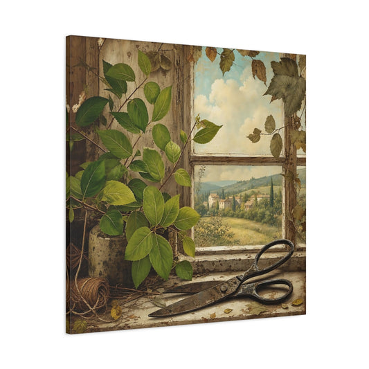 Main Mockup. Polished Gallery Realism Fresh Leaves Beside Old Scissors shown as stretched canvas wall art