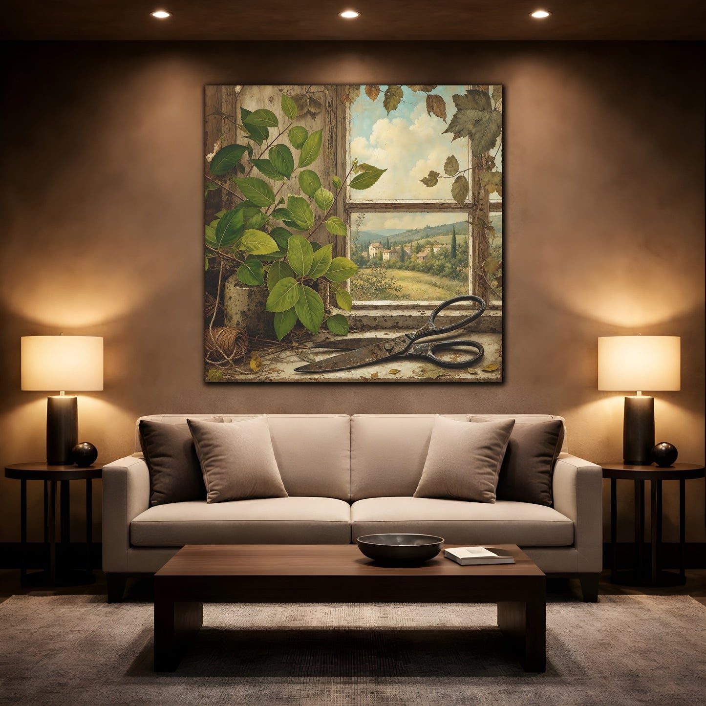 Mockup 2. Polished Gallery Realism Fresh Leaves Beside Old Scissors shown as stretched canvas wall art