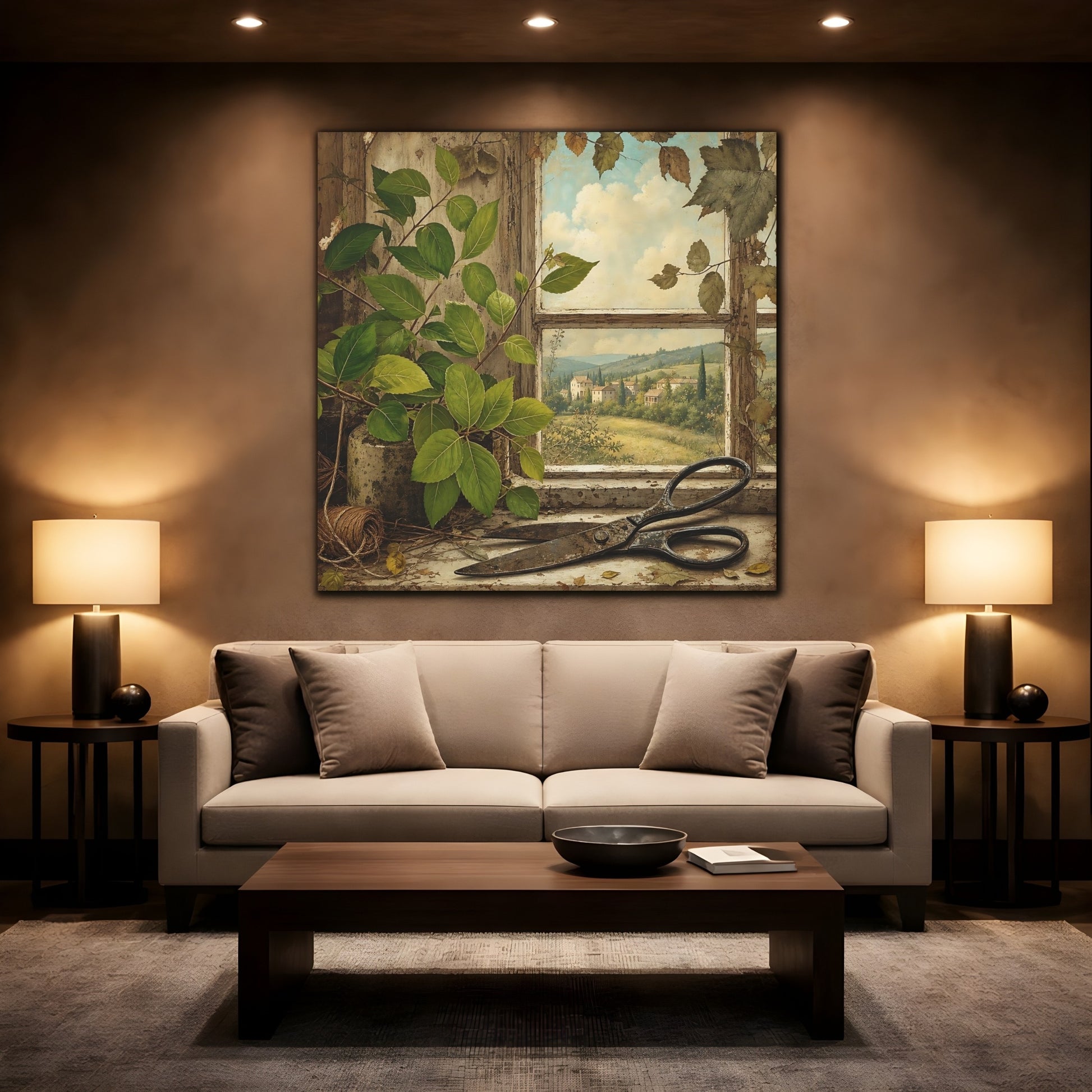 Mockup 2. Polished Gallery Realism Fresh Leaves Beside Old Scissors shown as stretched canvas wall art