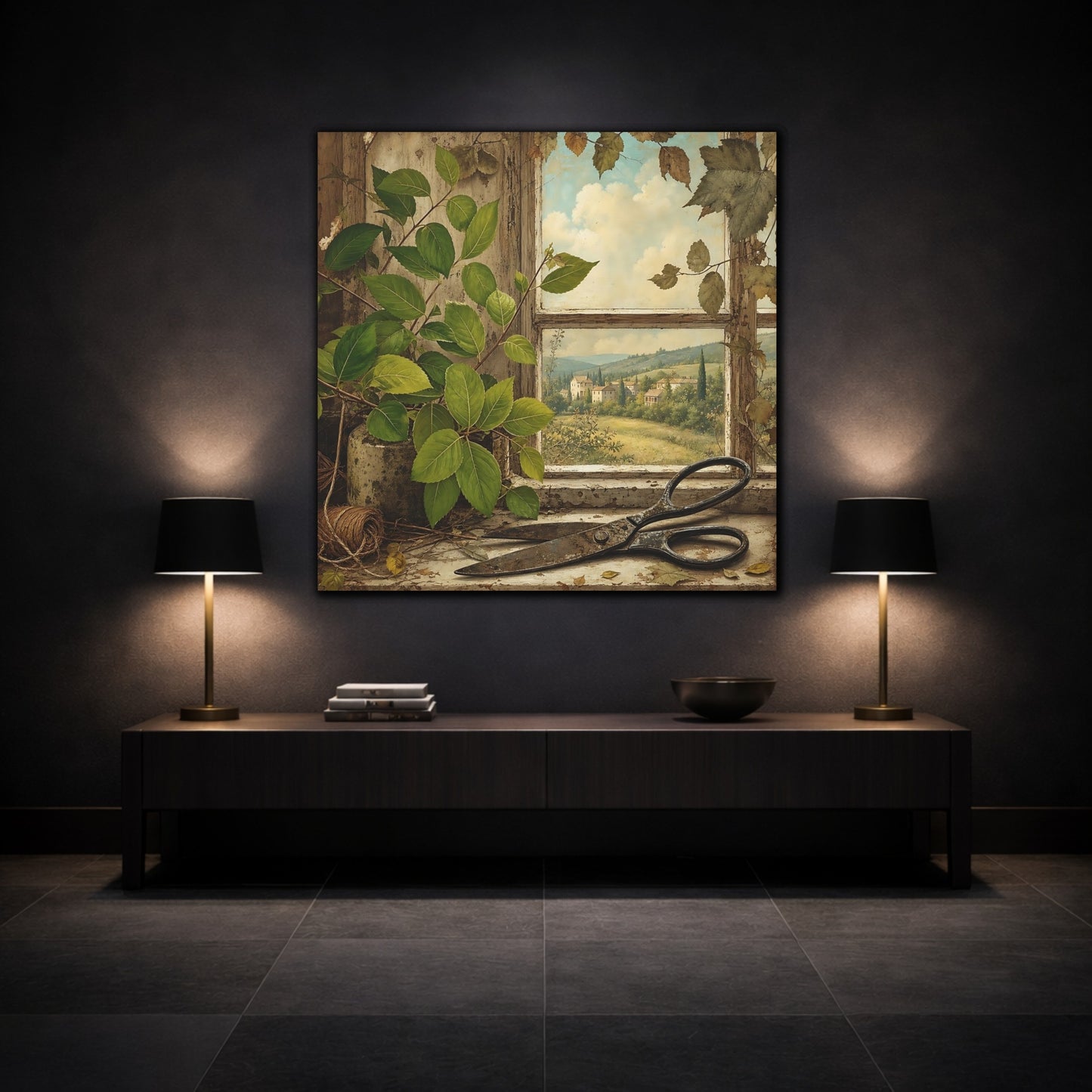 Mockup 3. Polished Gallery Realism Fresh Leaves Beside Old Scissors shown as stretched canvas wall art