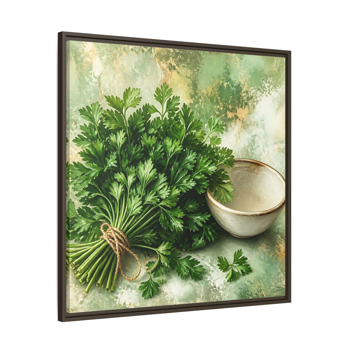 Main Mockup. Polished Gallery Realism Parsley Bunch Beside Ceramic Bowl shown as stretched canvas wall art