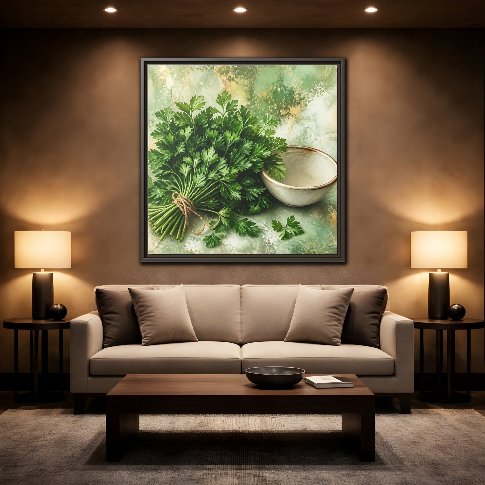 Mockup 2. Polished Gallery Realism Parsley Bunch Beside Ceramic Bowl shown as stretched canvas wall art