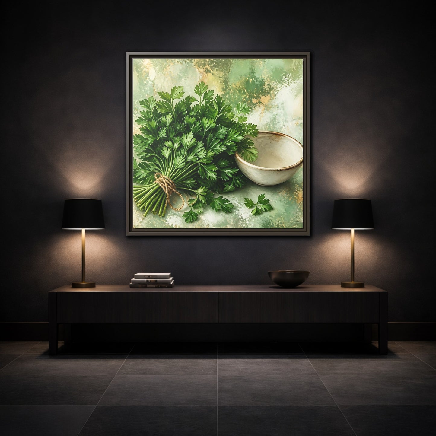Mockup 3. Polished Gallery Realism Parsley Bunch Beside Ceramic Bowl shown as stretched canvas wall art