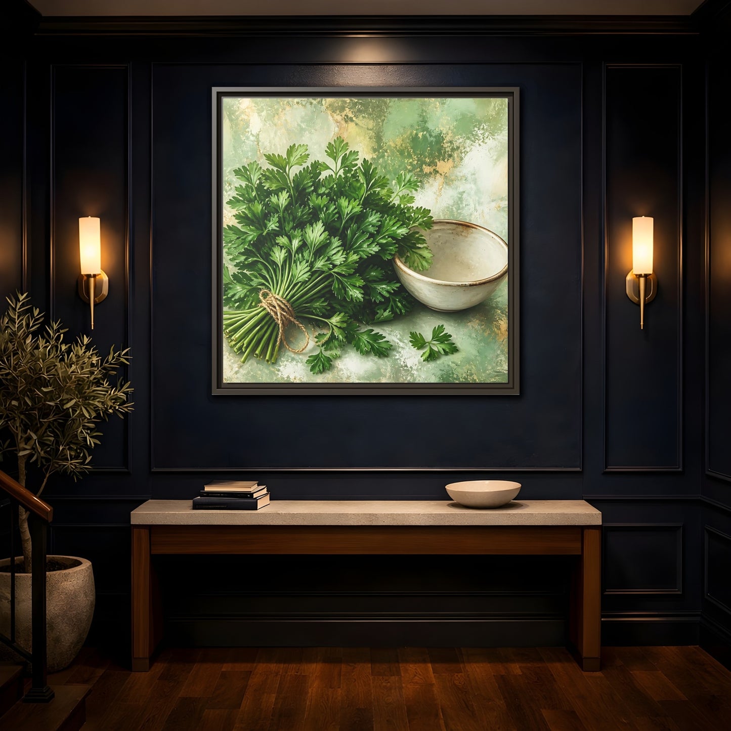 Mockup 4. Polished Gallery Realism Parsley Bunch Beside Ceramic Bowl shown as stretched canvas wall art
